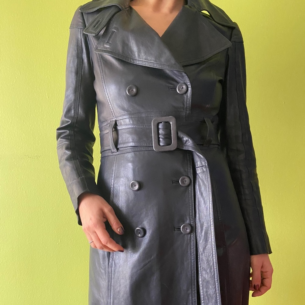 Versace navy leather trench coat